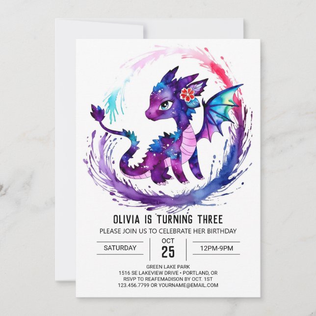 Invitation Simple Peint Dragon Digital Girl Anniversaire (Devant)