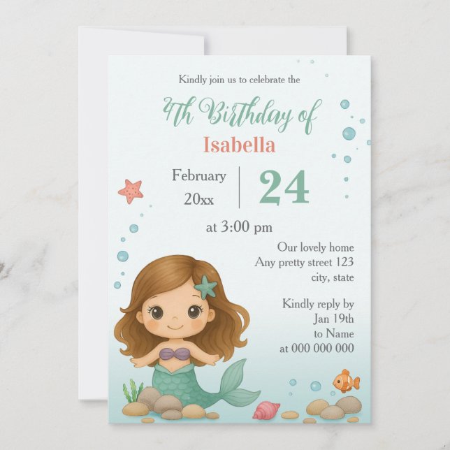 Invitation Simple petite sirène enfantine anniversaire (Devant)