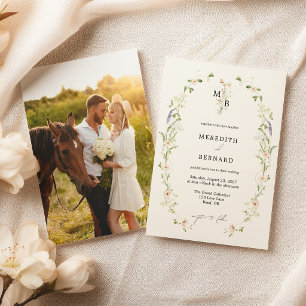 Invitation Simple Photo de mariage avec monogramme de fleurs