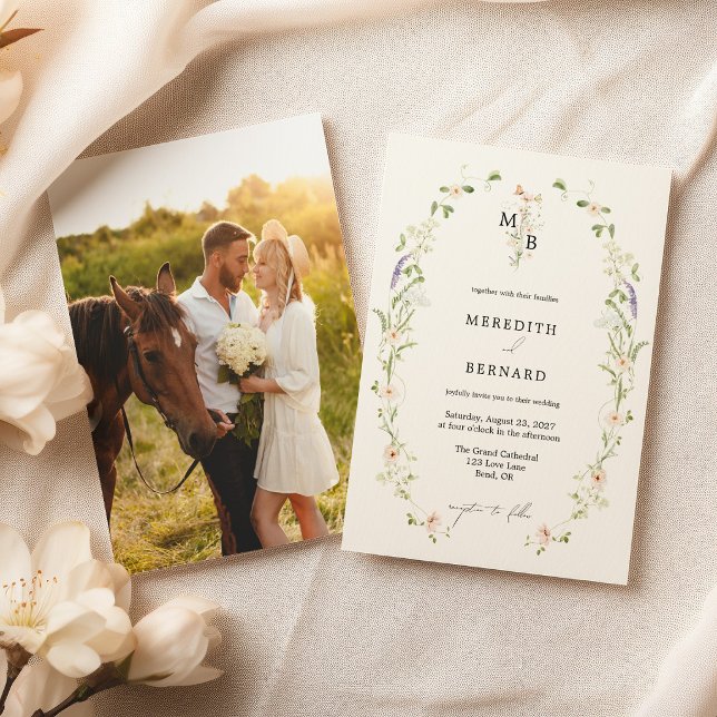 Invitation Simple Photo de mariage avec monogramme de fleurs  (Créateur téléchargé)