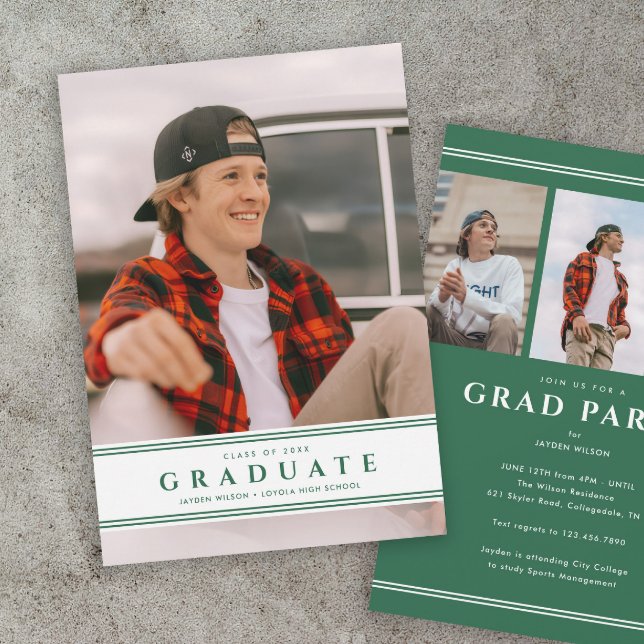 Invitation Simple Photo de remise des diplômes Vert et Blanc  (Sporty green and white photo graduation invitation announcements.)