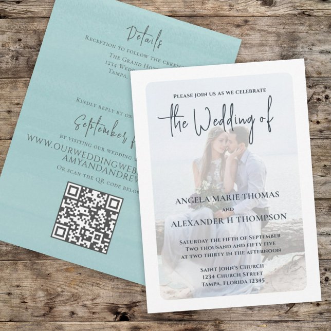 Invitation Simple Photo Elegant Turquoise QR Code RSVP Ocean (Créateur téléchargé)