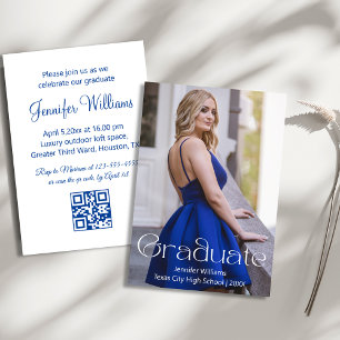 Invitation simple photo graduation party qr code rsvp bleu