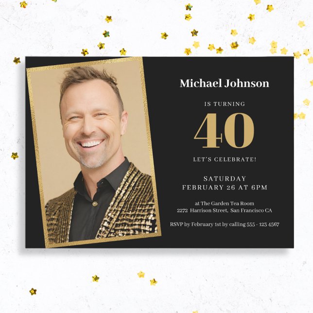 Invitation Simple Photo personnalisée Black Gold 40e fête d'a (Mock Up View)