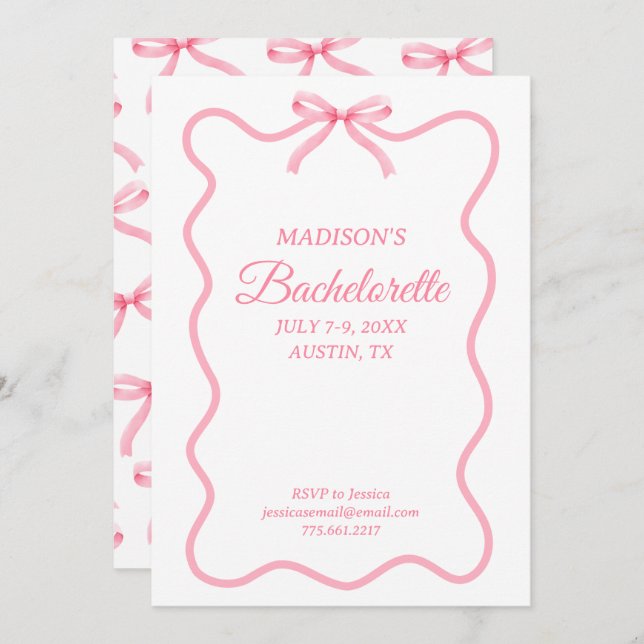 Invitation Simple Pink Bow Girl Bachelorette Party (Devant / Derrière)
