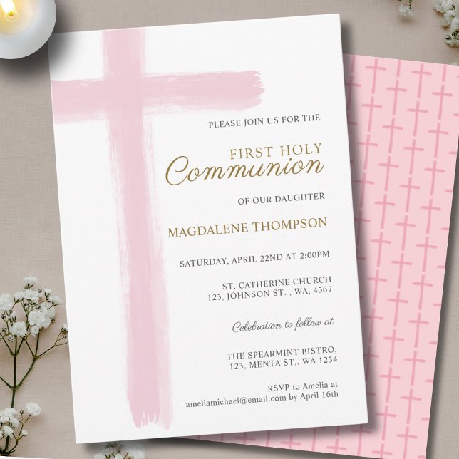 Invitation Simple Pink Cross Girl First Holy Communion (Créateur téléchargé)