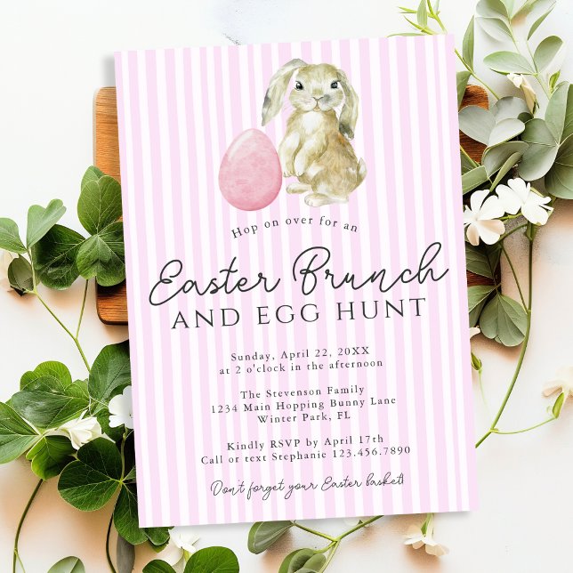Invitation Simple Pink Preppy Stripes Bunny Egg Brunch de Pâq (Créateur téléchargé)