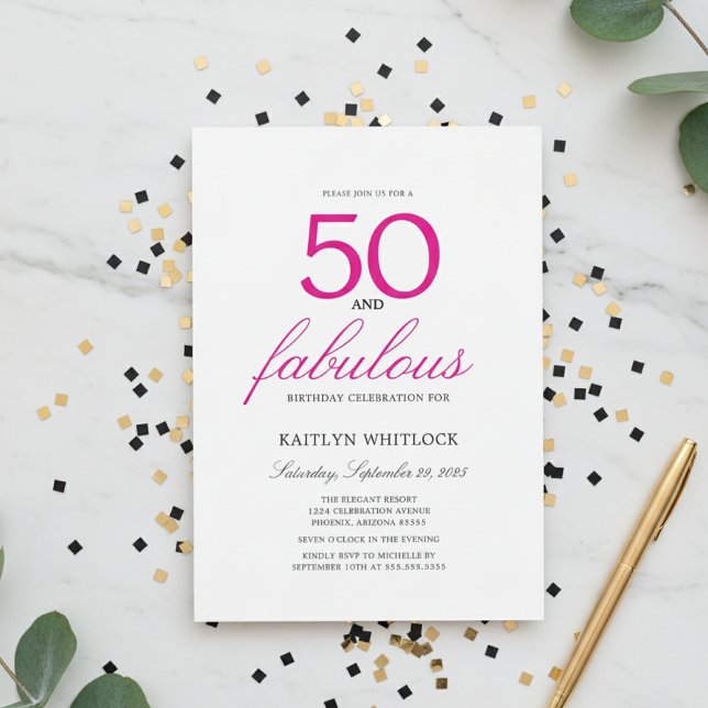 Invitation Simple Pink Script 50 and Fabulous 50th Birthday (modern elegant pink script fifty and fabulous 50th birthday party invitation with full photo)