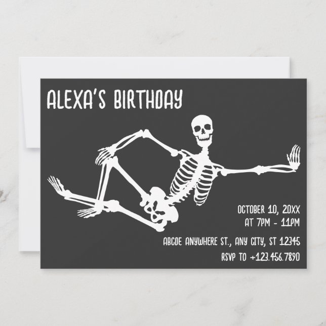Invitation Simple pose squelette anniversaire halloween (Devant)