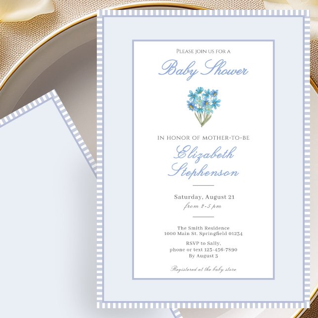 Invitation simple pour baby shower avec fleurs ble (Créateur téléchargé)