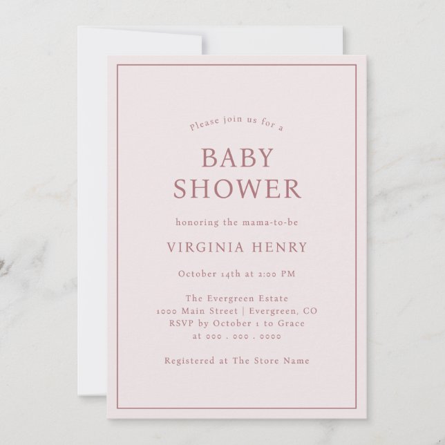 Invitation simple pour baby shower rose poudré (Devant)