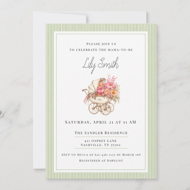 Invitation simple pour baby shower vert sauge  (Devant)