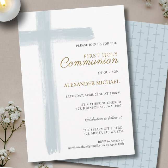 Invitation Simple Première Sainte Communion Garçon Croix Bleu (Créateur téléchargé)