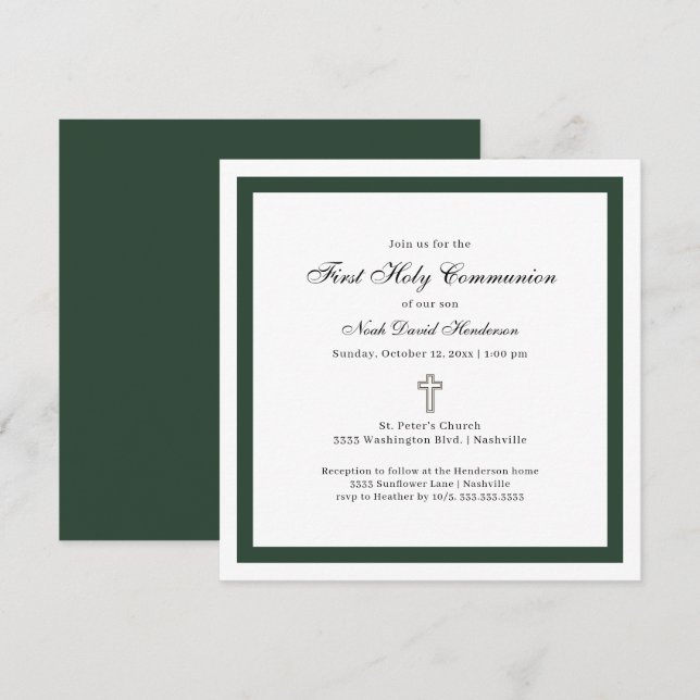 Invitation Simple Première Sainte Communion vert émeraude bla (Devant / Derrière)