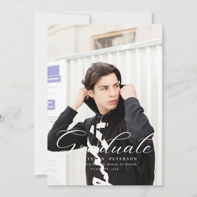 Invitation Simple Purple Calligraphy Photo Black Graduation  (Devant)