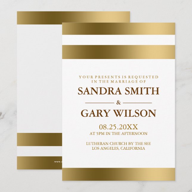 Invitation Simple rayures dorées sur fond blanc Mariage (Devant / Derrière)