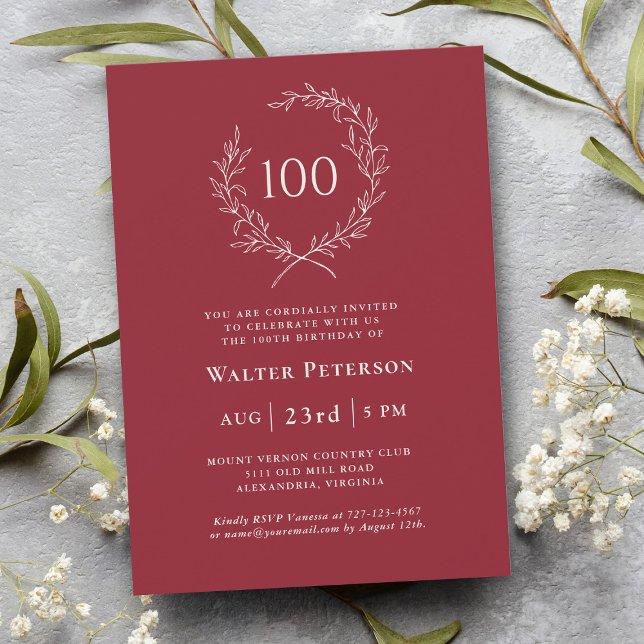 Invitation Simple Red Elegant Laurel Wreath 100e anniversaire (Créateur téléchargé)