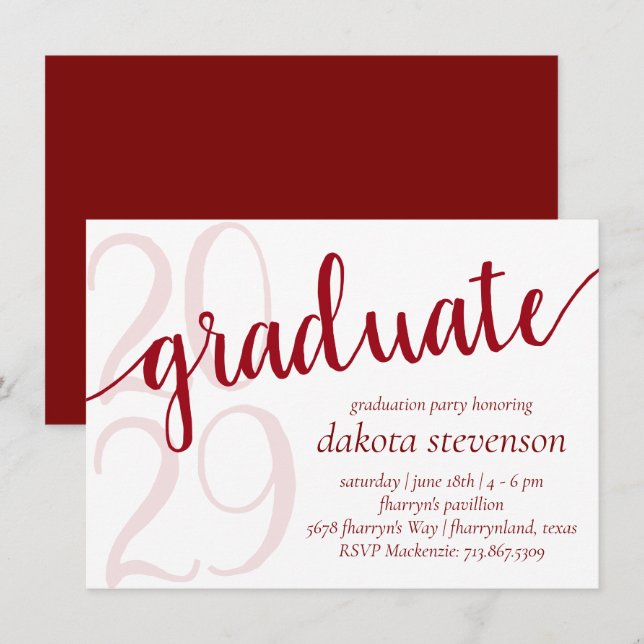 Invitation Simple Red Graduate | Script Gras Cherry Grad Anné (Devant / Derrière)