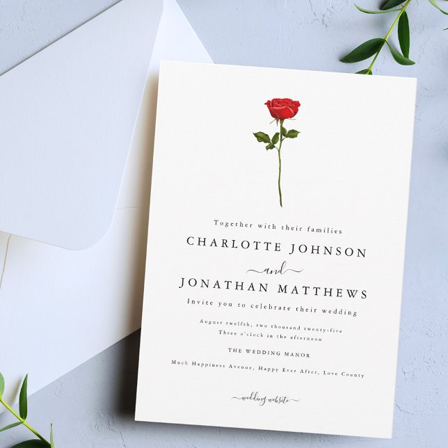 Invitation Simple Red Rose Élégant Script (Simple red rose elegant modern wedding invitation Watercolor floral stylish script)
