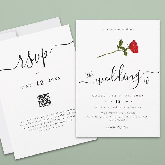 Invitation Simple Red Rose élégant Script Code QR (Simple red rose watercolor flower elegant script wedding qr code invitation Modern romantic )