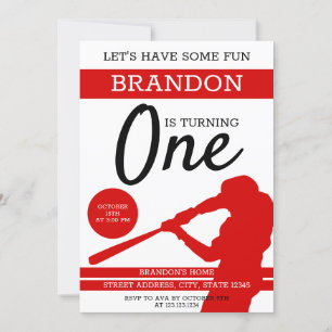 Invitation Simple Red Silhouette Baseball 1er anniversaire