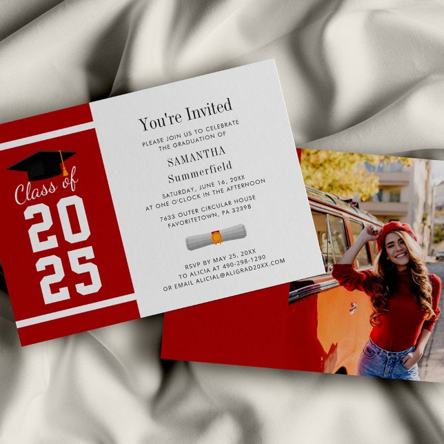 Invitation Simple Red White Graduation Photo Grad 2025 Party (Graduation 2025 Photo Red and White Party Invitation)