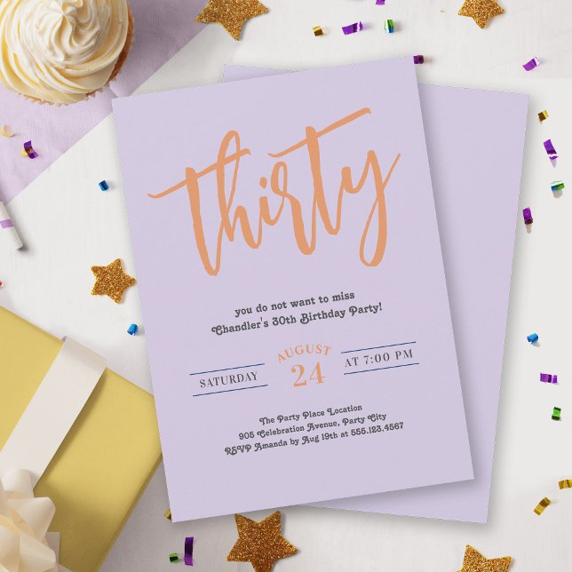 Invitation Simple Retro Lilac et Orange 30ème anniversaire (Celebrate thirty in style with this simple birthday party invite with a retro groovy vibe.)
