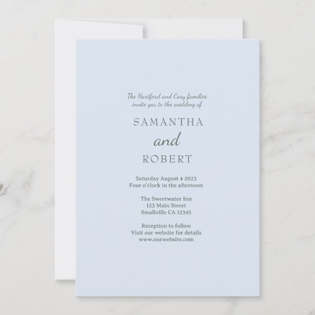 Invitation Simple Romantique Mariage Bleu Vert  (Devant)