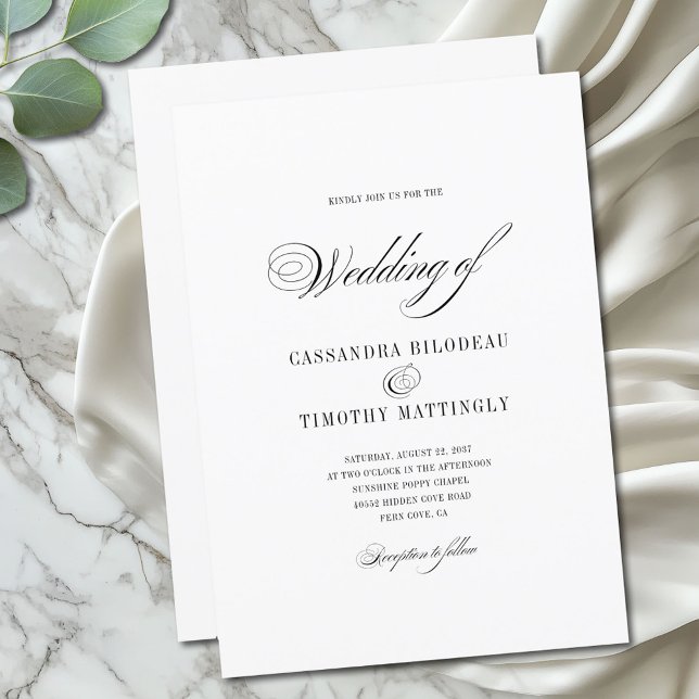 Invitation Simple romantique noir et blanc Mariage de script  (A simple, minimal, modern wedding invitation with  an elegant vintage flair)