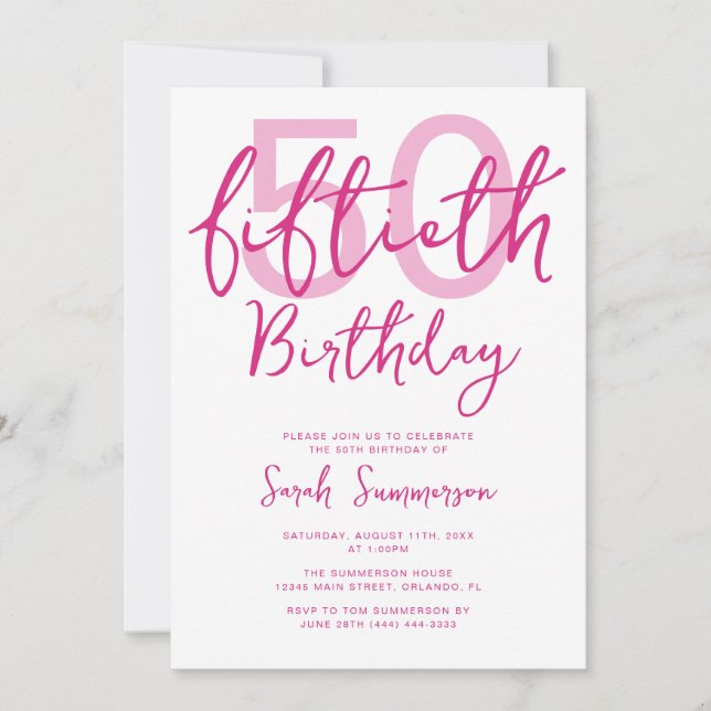 Invitation Simple rose blanc écriture 50e anniversaire (Devant)