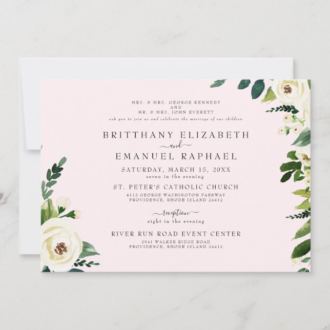 Invitation Simple Rose Blanc Floral Les Deux Parents Mariage  (Devant)
