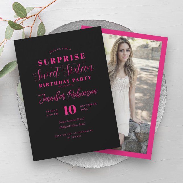 Invitation Simple rose chaud noir photo SURPRISE Sweet 16 (Simple Hot Pink Black Photo SURPRISE Sweet 16 Invitation)