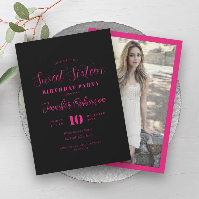 Invitation Simple rose chaud noir Photo Sweet 16 Seize (Simple Hot Pink Black Photo Sweet 16 Sixteen Invitation)