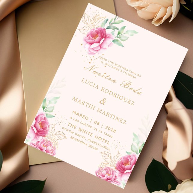 Invitation Simple rose floral or Nuestra Boda (Créateur téléchargé)