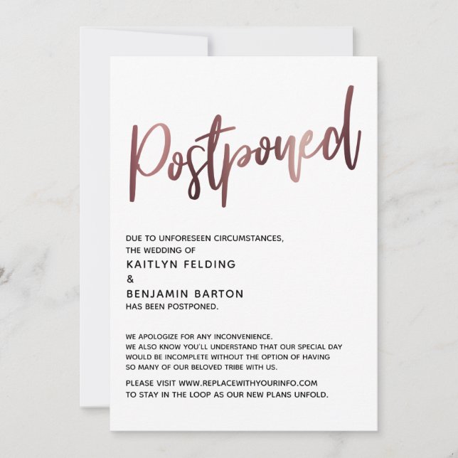 Invitation Simple Rose Gold Calligraphie Mariage Reporté (Devant)
