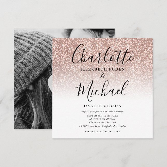 Invitation Simple Rose Gold Glitter Script Photo de Mariage (Devant / Derrière)