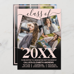 Invitation Simple rose noir Ombre Graduation Photo Collage