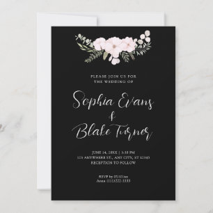 Invitation Simple rose pâle et vert Floral Mariage noir