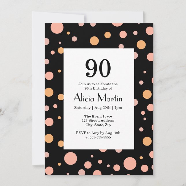 Invitation Simple rose & Poeach Polka Dot Noir 90e anniversai (Devant)