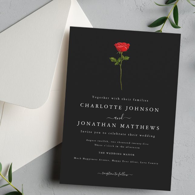 Invitation Simple Rose rouge Élégant Script noir et blanc (Simple red rose elegant modern script black and white wedding invitation Watercolor floral)