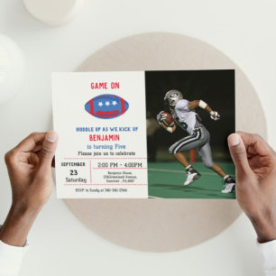 Invitation Simple Rouge blanc & bleu football garçon annivers