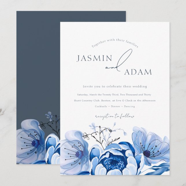 Invitation Simple Royal Blue Opulence Floral Rose Mariage (Devant / Derrière)