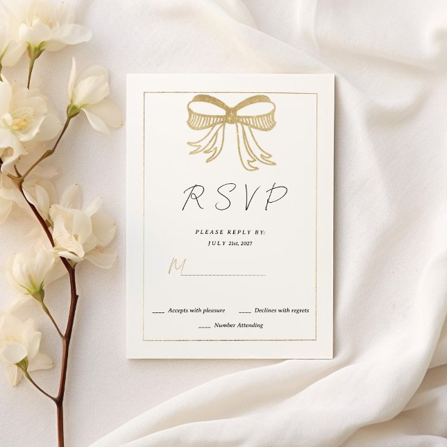 Invitation Simple ruban à nœud pailleté or blanc RSVP  (Simple white gold glitter bow ribbon RSVP)