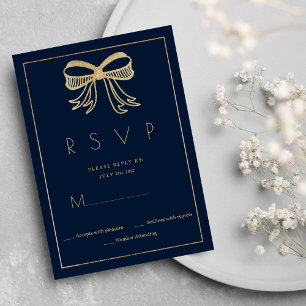 Invitation Simple ruban à nœud pailleté or bleu marine RSVP