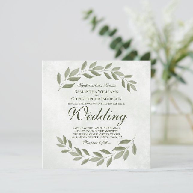 Invitation Simple Rustic Garden Feuilles Sage Green Mariage (Debout devant)