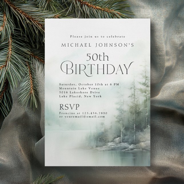 Invitation Simple Rustic Mountain Lake 50th Birthday (Available in both printed and instant download digital formats.)