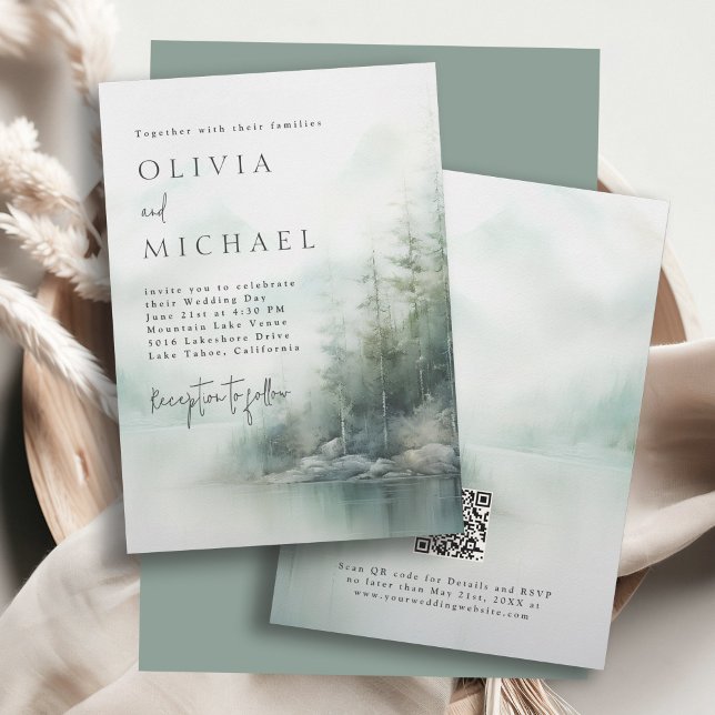 Invitation Simple Rustic Mountain Lake Misty Pines Wedding (Available in both printed and instant download digital formats.)