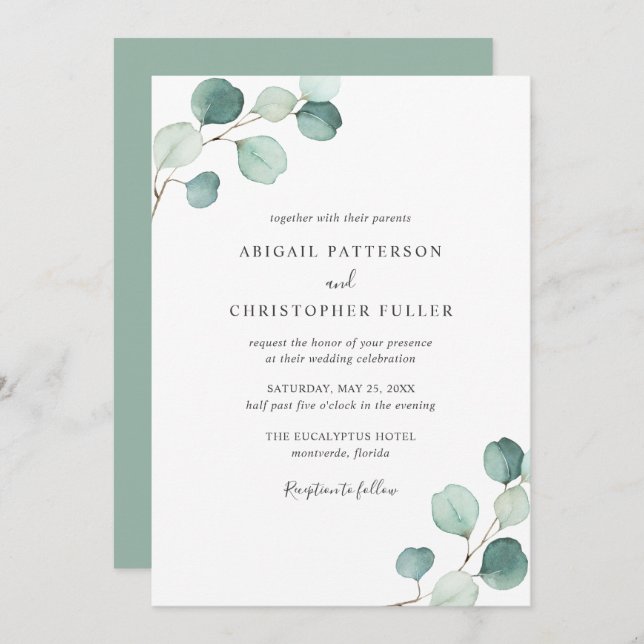 Invitation Simple Rustique Eucalyptus Verdure Mariage élégant (Devant / Derrière)