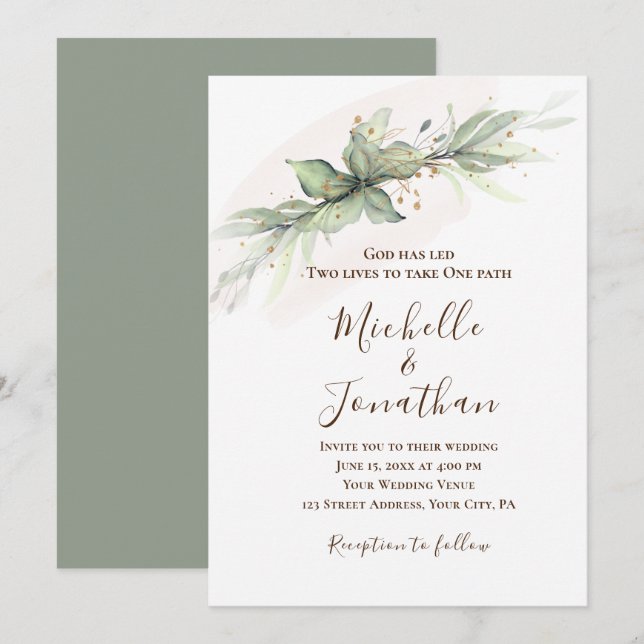 Invitation Simple Sage Green Gold Floral Mariage chrétien (Devant / Derrière)