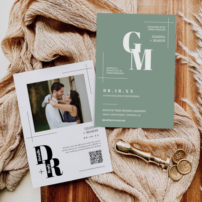 Invitation Simple Sage Green Moderne Minimal Mariage QR Code (Créateur téléchargé)